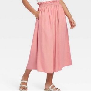 A New Day Pink Linen Midi Skirt